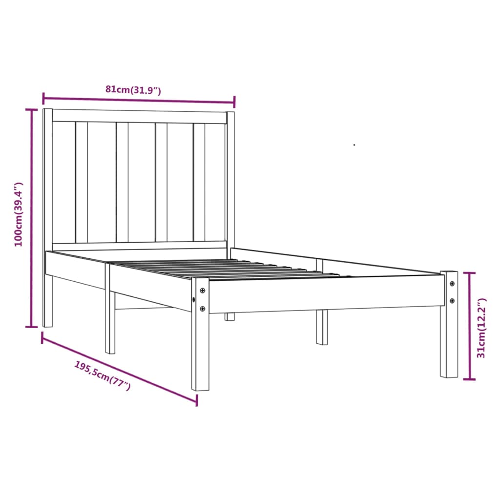 vidaXL Estrutura de cama pequena solteiro 75x190 cm pinho maciço