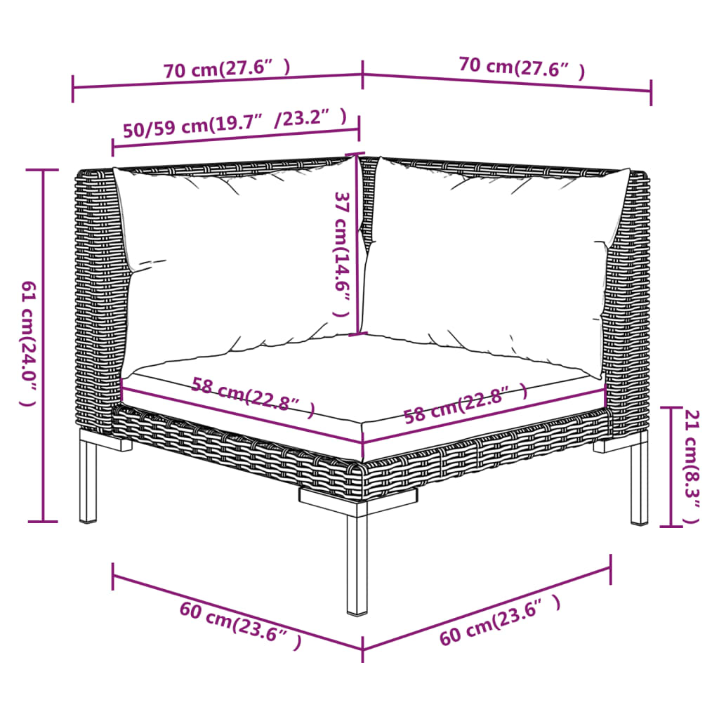 vidaXL 11pcs conj. lounge jardim c/ almofadões vime PE cinzento-escuro