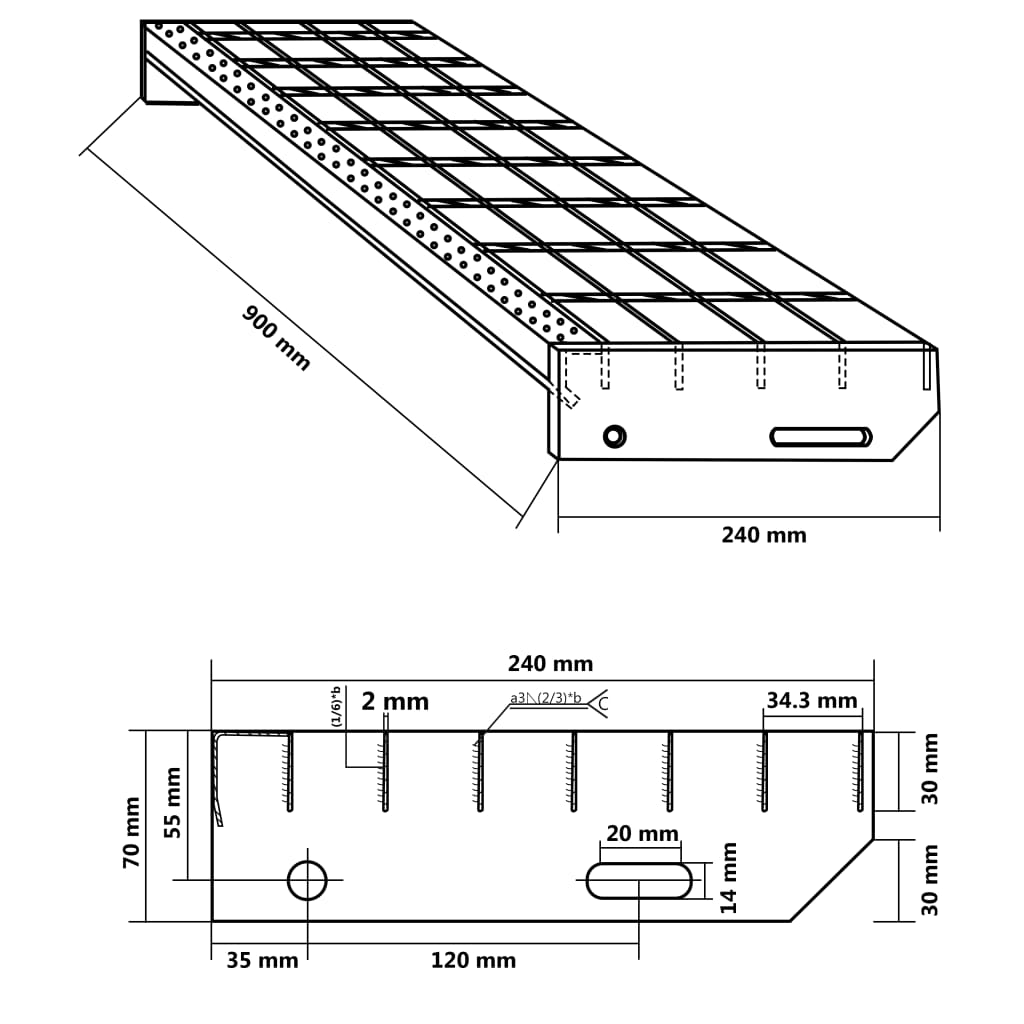 vidaXL Degrau em grade 90x24x7 cm aço galvanizado