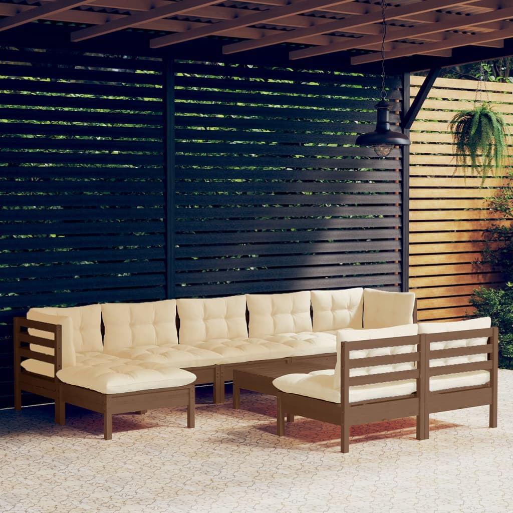 vidaXL 10pcs conj lounge jardim + almofadões pinho maciço castanho-mel