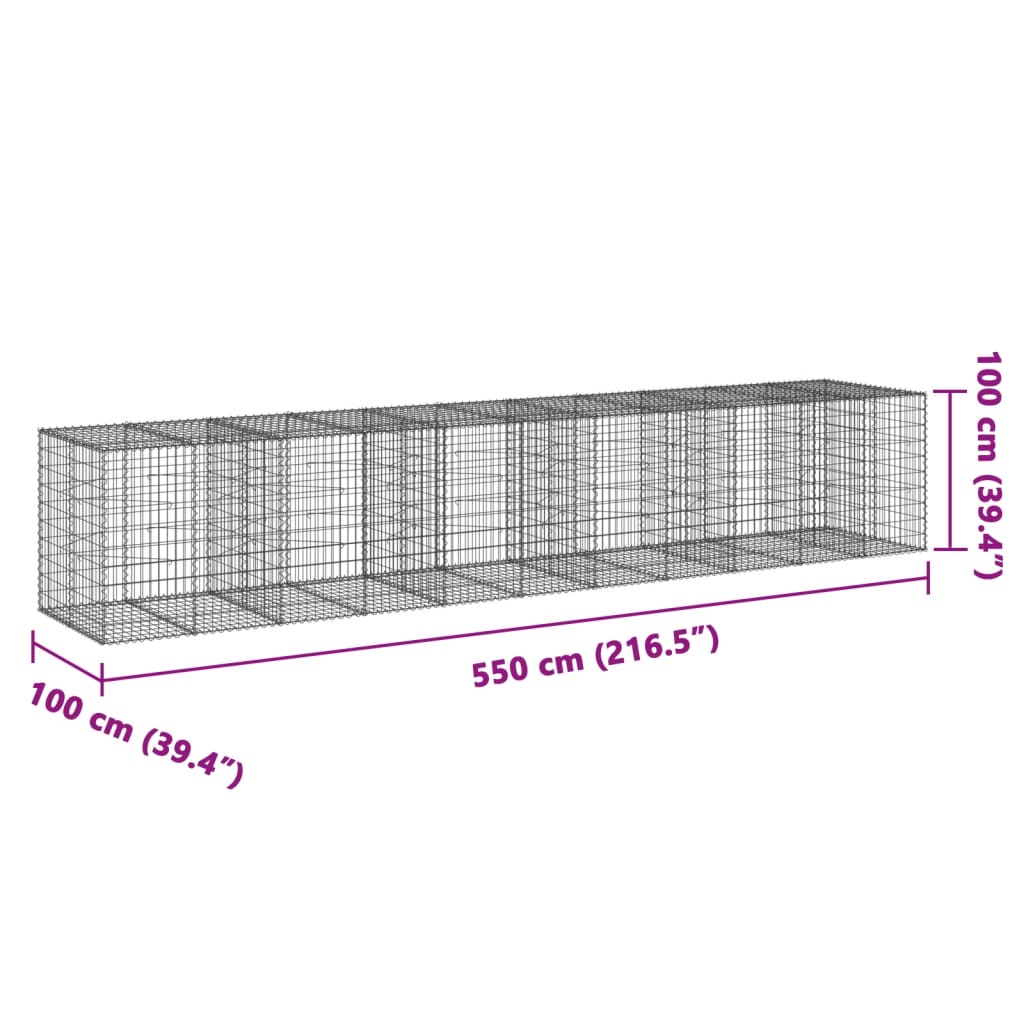 vidaXL Cesto gabião com cobertura 550x100x100 cm ferro galvanizado