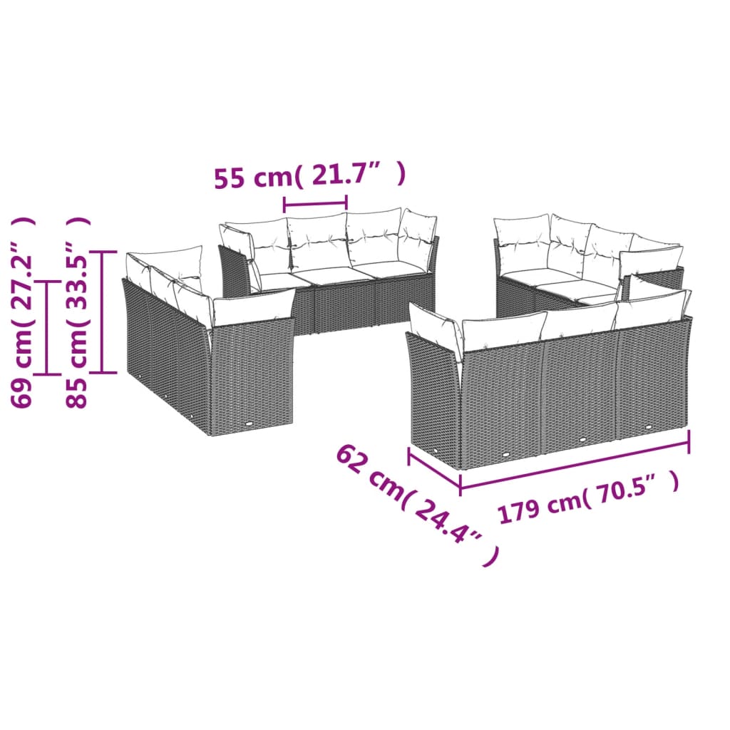 vidaXL 12 pcs conjunto de sofás p/ jardim com almofadões vime PE bege