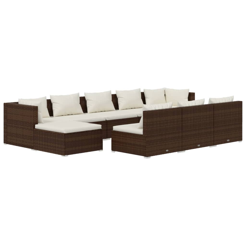 vidaXL 10 pcs conjunto lounge de jardim c/ almofadões vime PE castanho