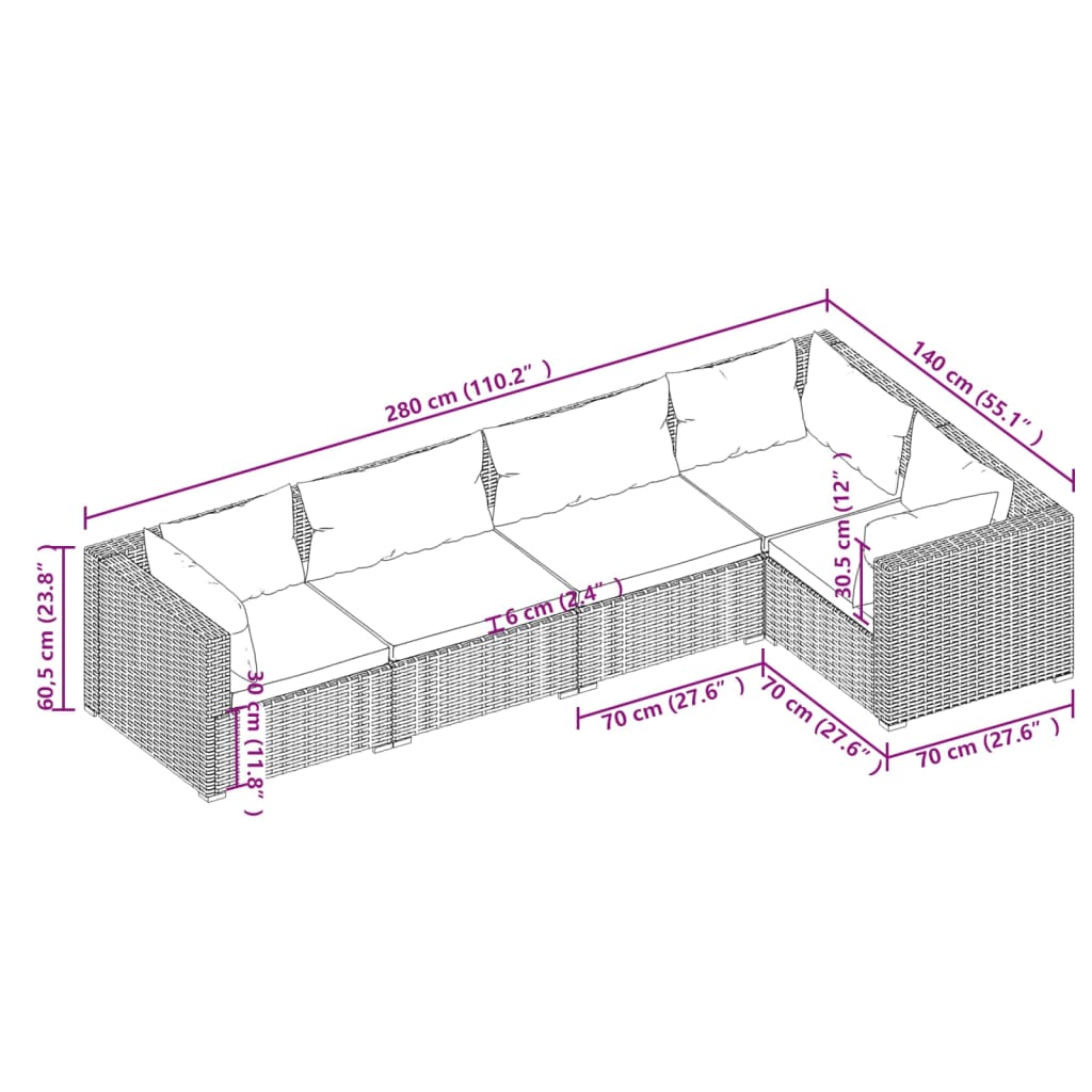 vidaXL 5 pcs conjunto lounge jardim c/ almofadões vime PE castanho