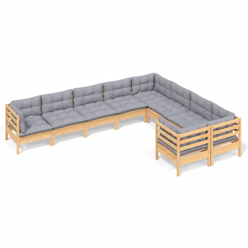 vidaXL 9 pcs conjunto lounge de jardim c/ almofadões cinzentos pinho