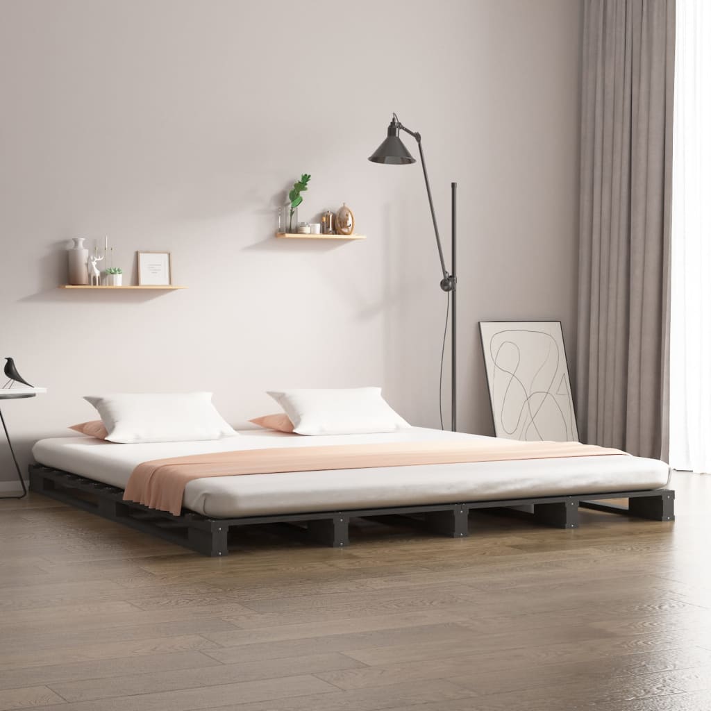 vidaXL Cama de paletes king 150x200 cm pinho maciço cinzento