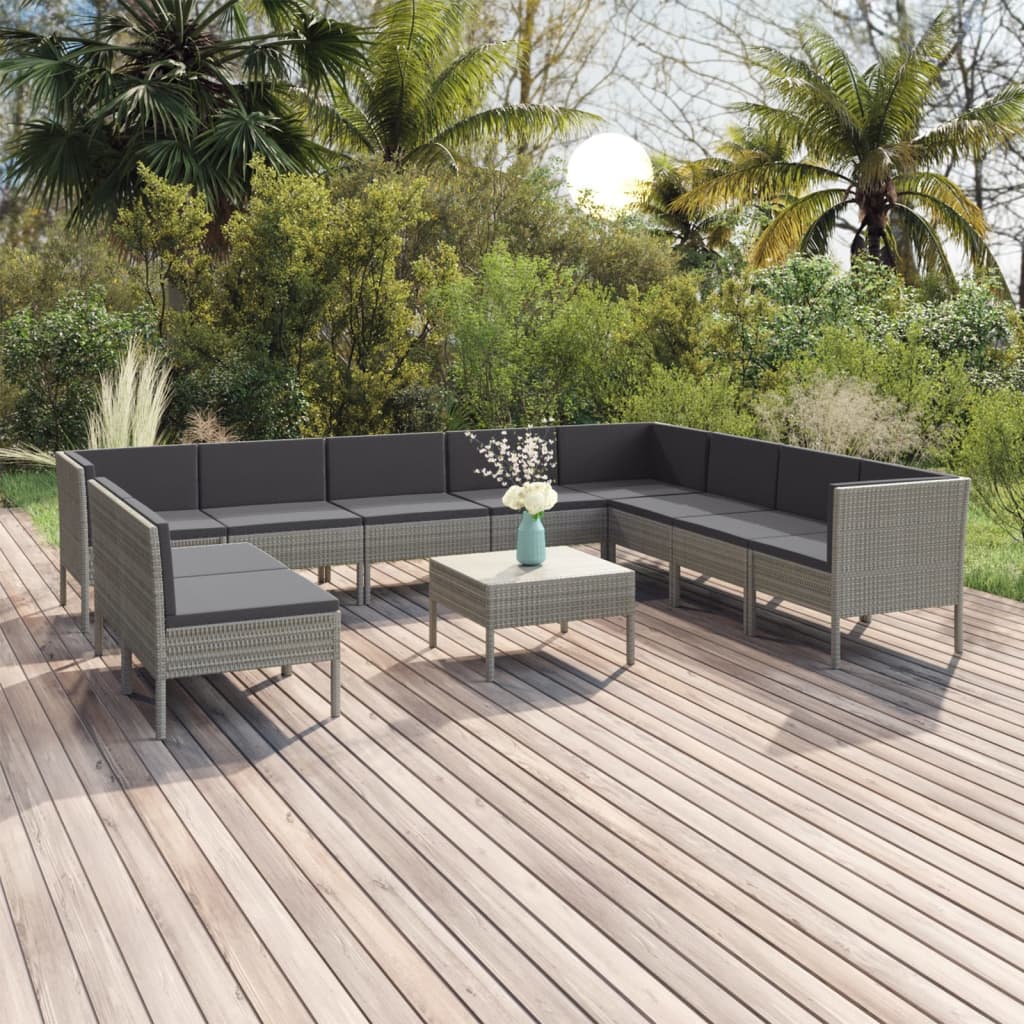 vidaXL 11 pcs conjunto lounge de jardim c/ almofadões vime PE cinzento