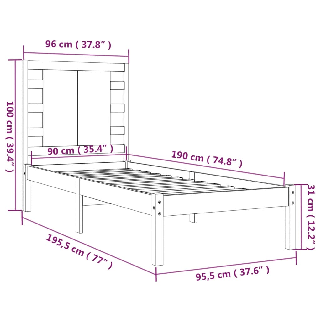 vidaXL Estrutura de cama solteiro 90x190 cm madeira maciça preto