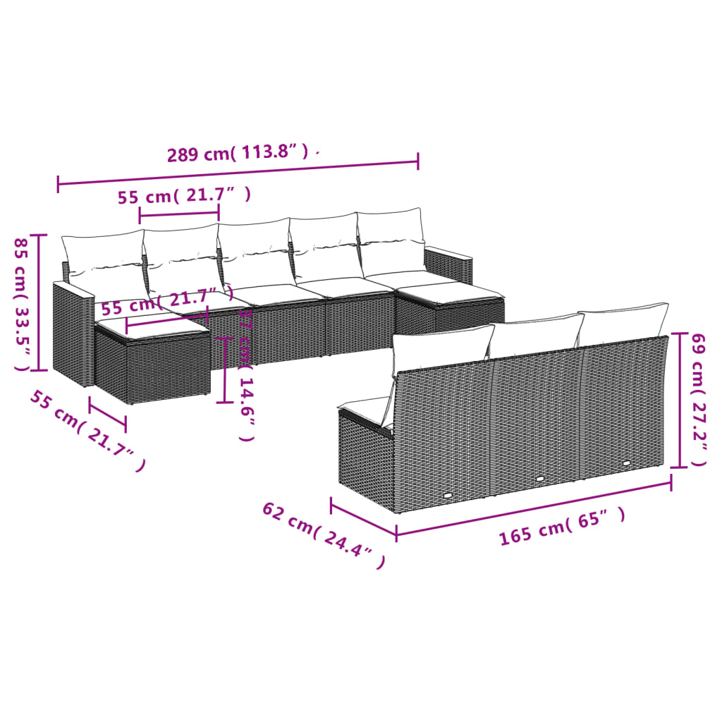 vidaXL 10 pcs conjunto sofás de jardim c/ almofadões vime PE cinzento