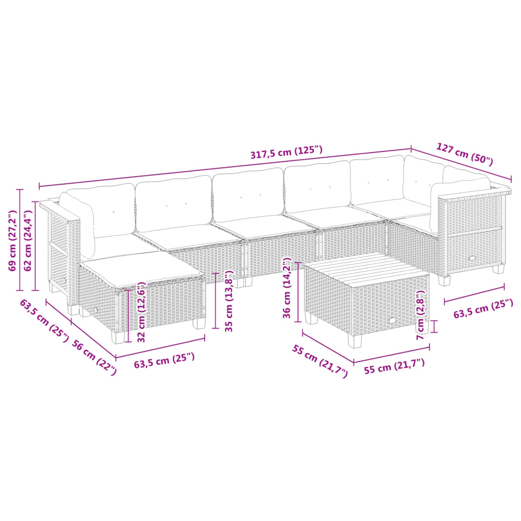 vidaXL 8 pcs conjunto sofás de jardim c/ almofadões vime PE cinzento