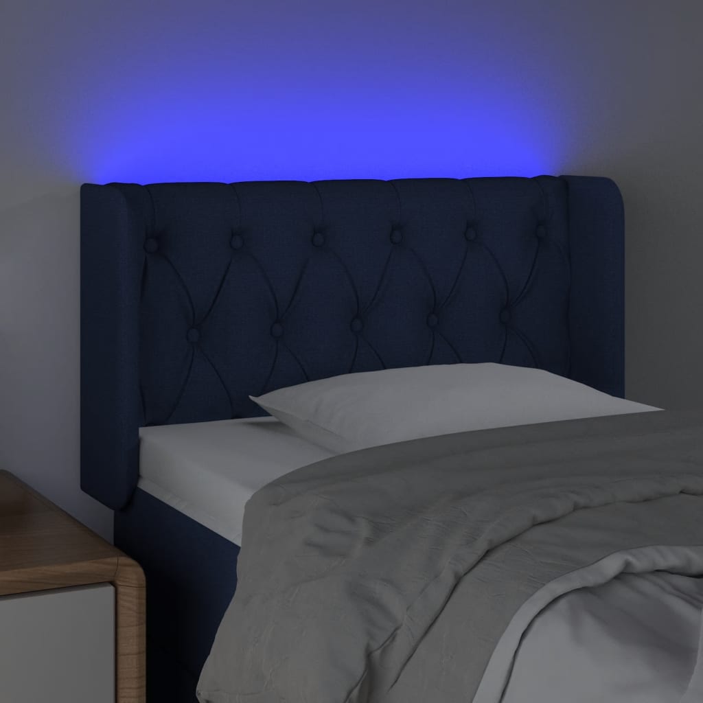 vidaXL Cabeceira de cama c/ luzes LED tecido 83x16x78/88 cm azul