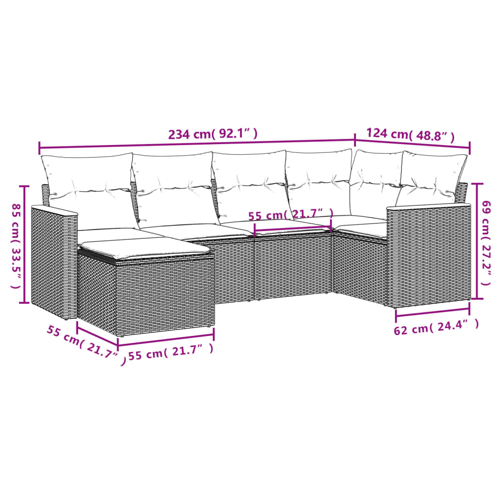 vidaXL 6 pcs conjunto sofás de jardim com almofadões vime cinzento