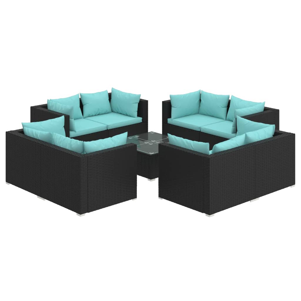 vidaXL 9 pcs conjunto lounge de jardim c/ almofadões vime PE preto