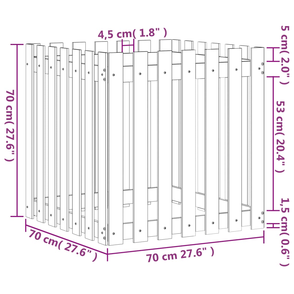 vidaXL Vaso de jardim c/ design de cerca 70x70x70 cm pinho maciço