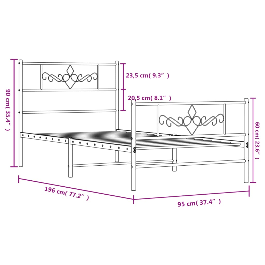 vidaXL Estrutura de cama com cabeceira e pés 90x190 cm metal branco