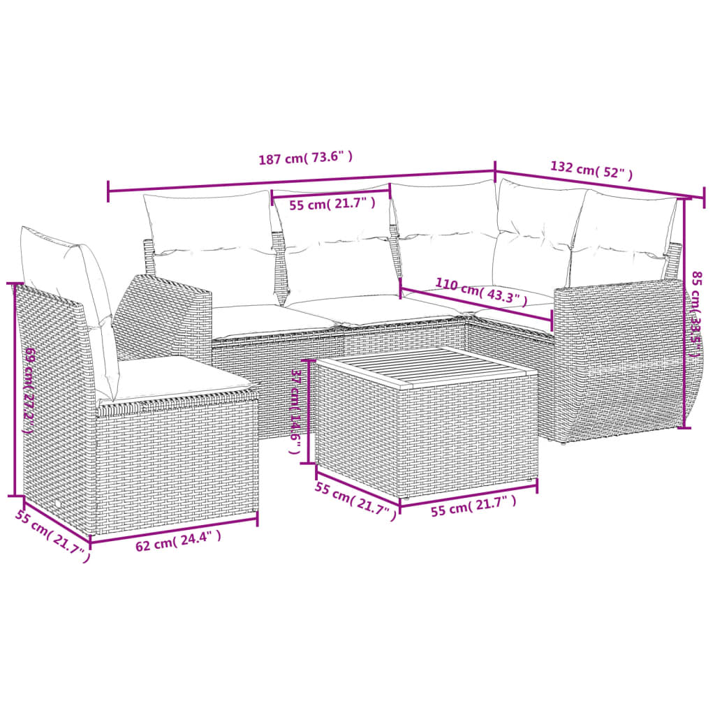 vidaXL 6 pcs conjunto sofás de jardim c/ almofadões vime PE preto