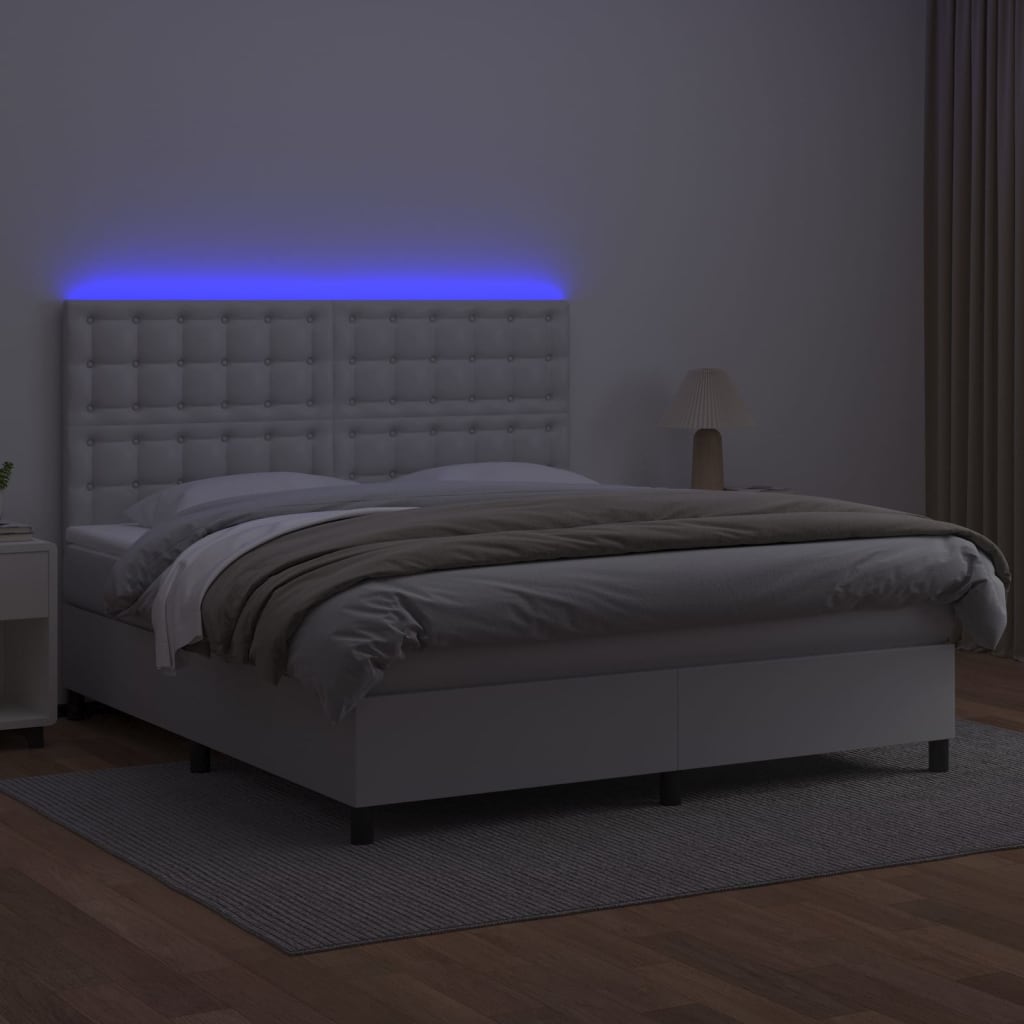 vidaXL Cama box spring c/colchão/LED 180x200cm couro artificial branco