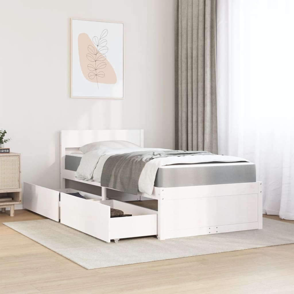 vidaXL Cama com gavetas e colchão 90x190 cm pinho maciço branco