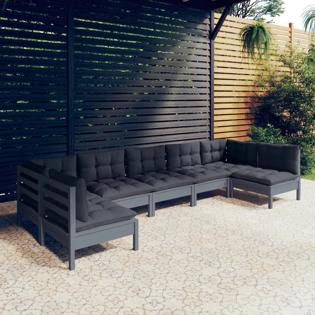 vidaXL 7 pcs conjunto lounge de jardim + almofadões pinho maciço cinza