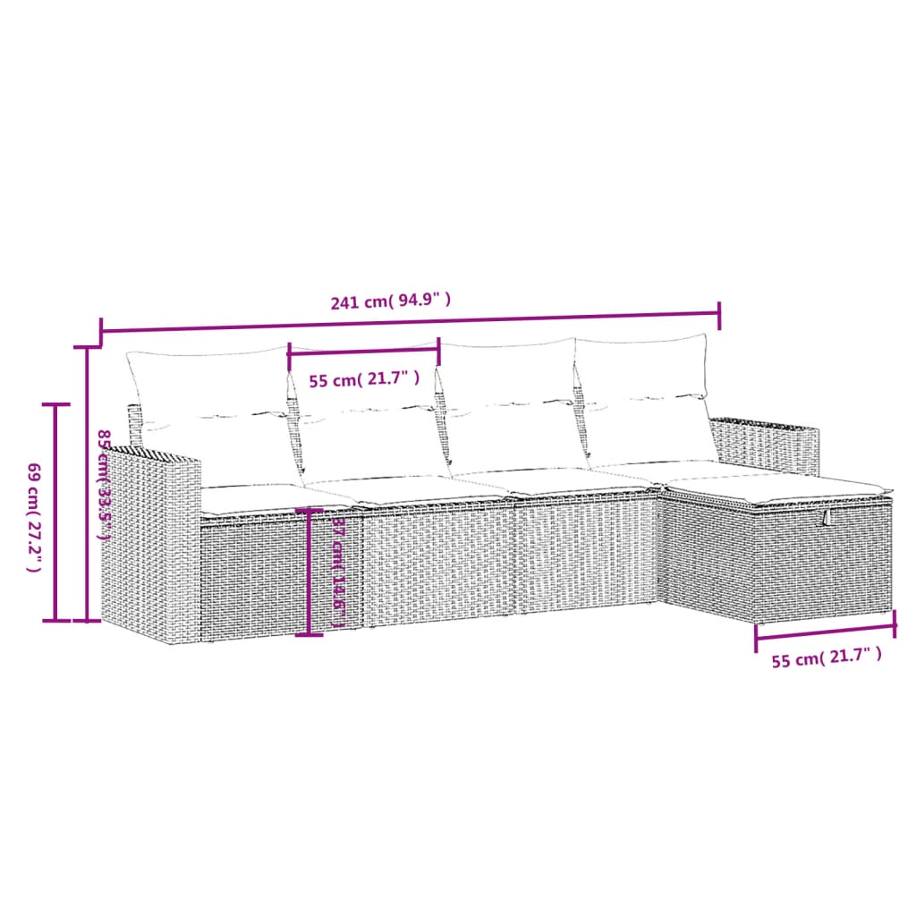 vidaXL 5 pcs conjunto sofás p/ jardim c/ almofadões vime PE castanho