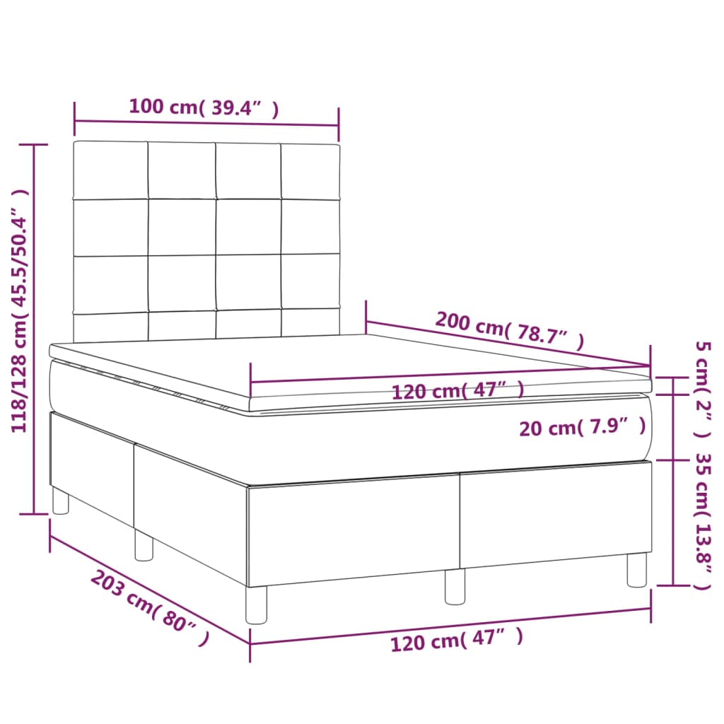 vidaXL Cama box spring c/ colchão e LED 120x200 cm tecido preto