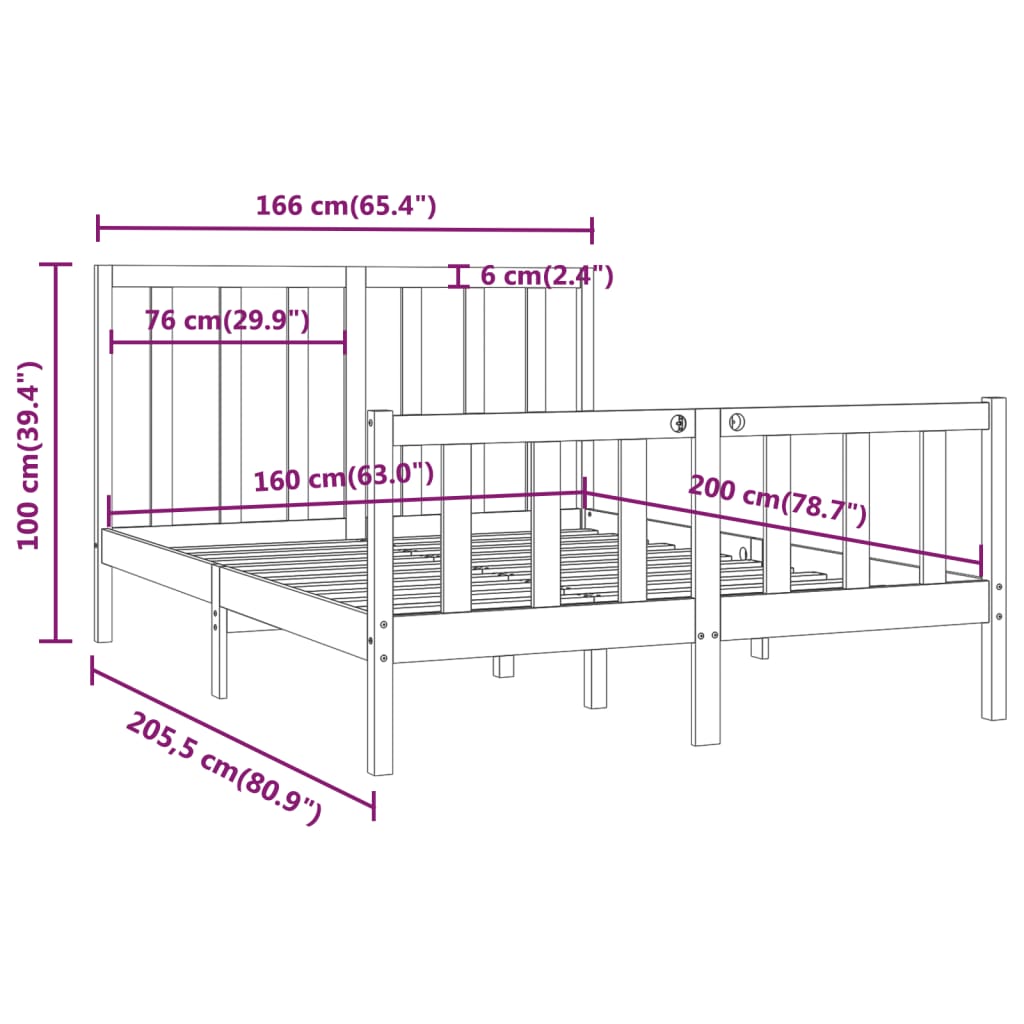 vidaXL Estrutura de cama 160x200 cm pinho maciço preto