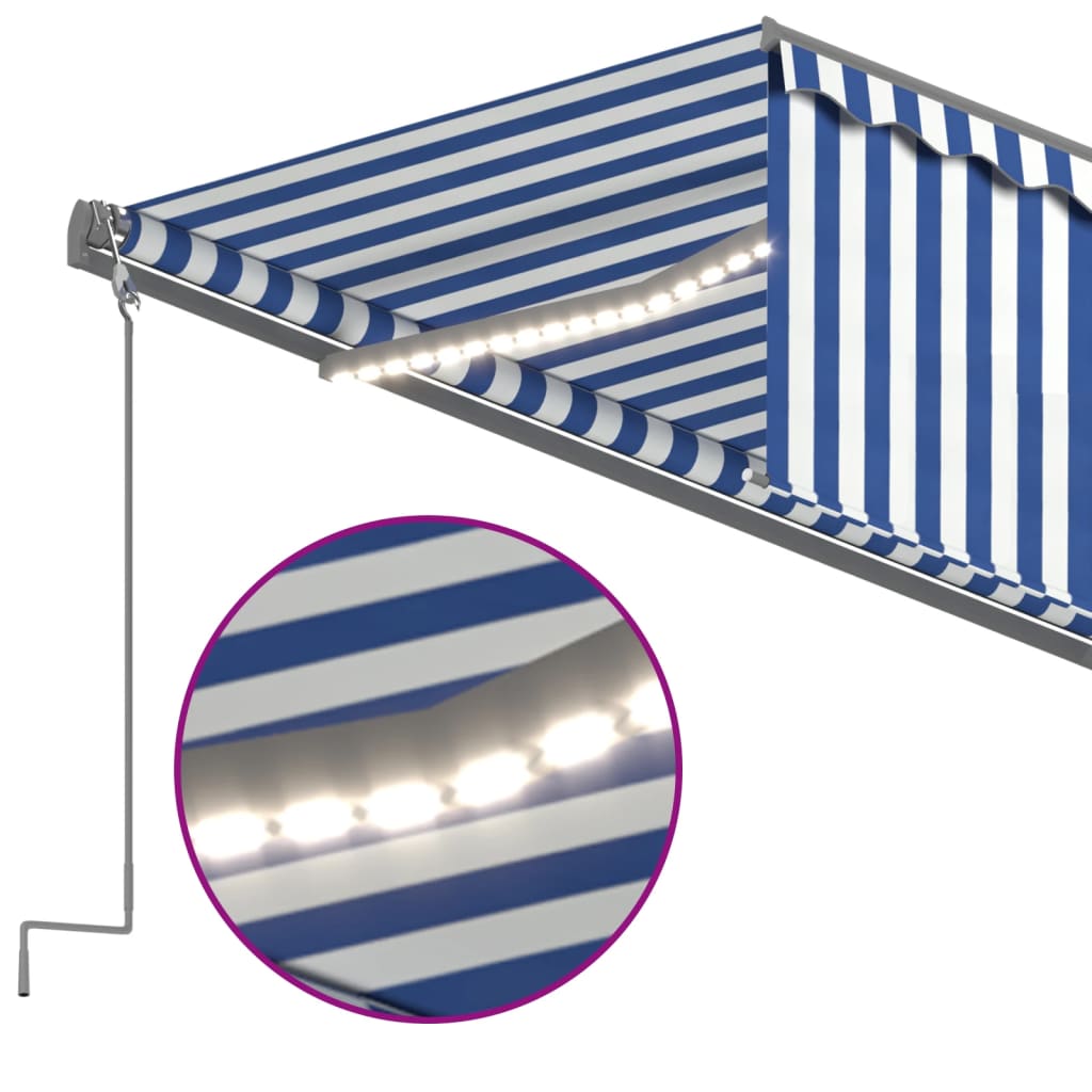 vidaXL Toldo autom. c/ estore/LED/sensor de vento 5x3 m azul/branco