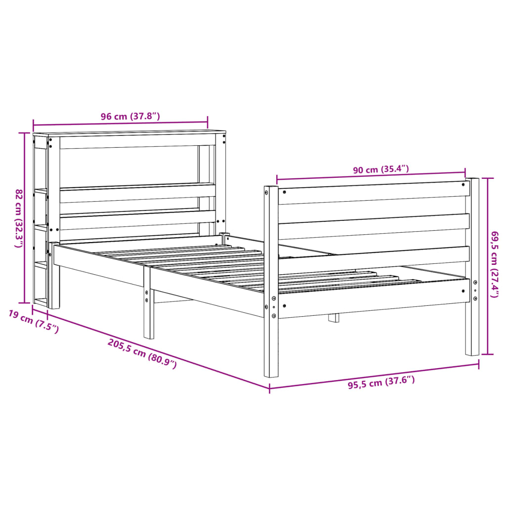 vidaXL Cama sem colchão 90x200 cm madeira de pinho maciça