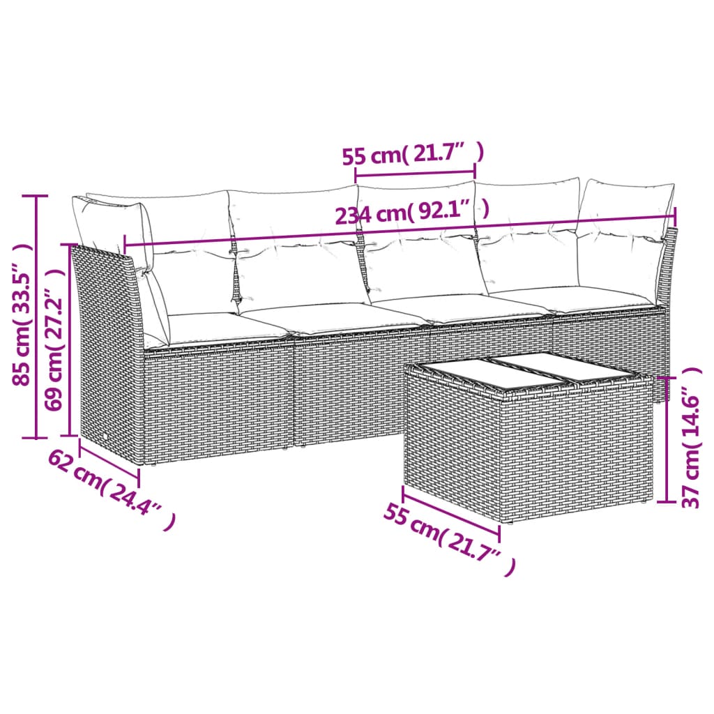 vidaXL 5 pcs conjunto sofás de jardim com almofadões vime PE preto