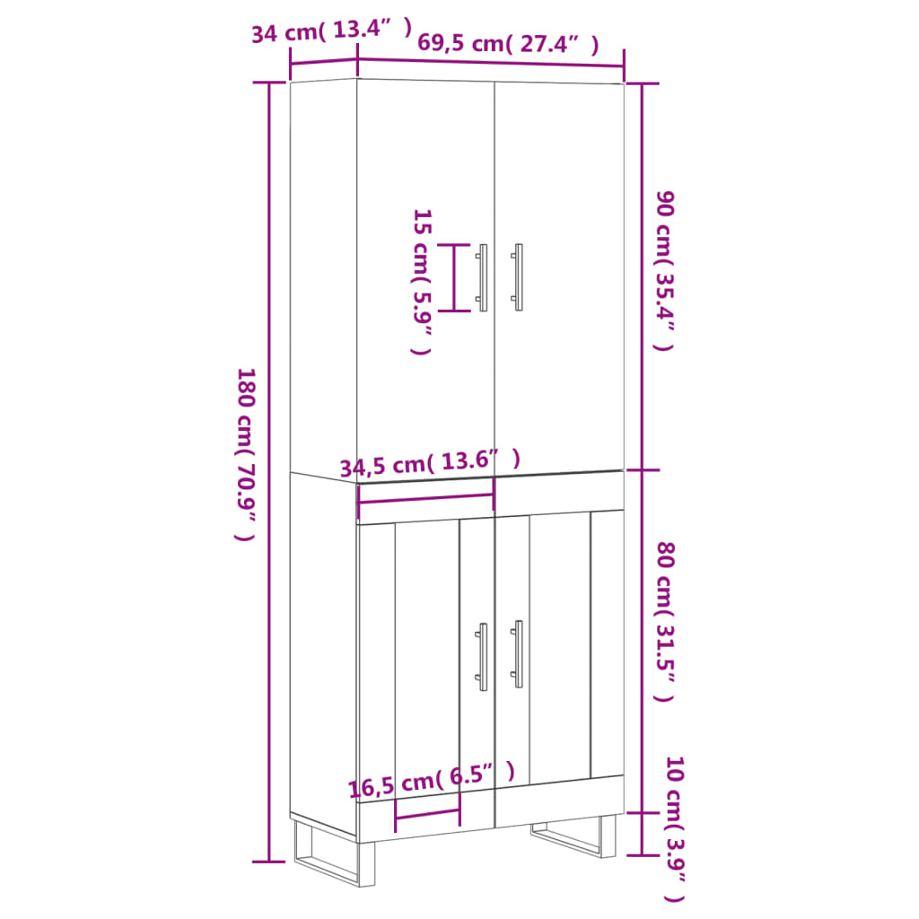 vidaXL Armário alto 69,5x34x180 cm derivados de madeira sonoma cinza