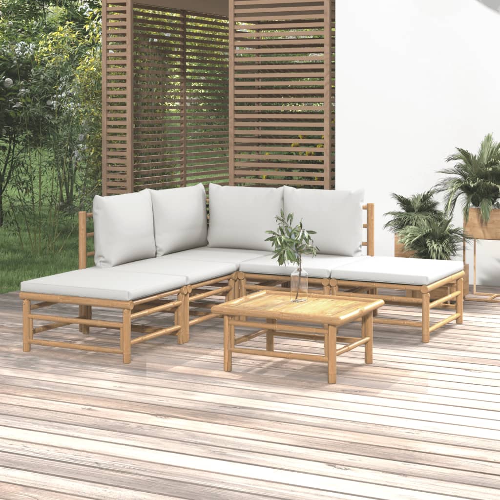 vidaXL 6 pcs conj. lounge de jardim bambu c/ almofadões cinzento-claro