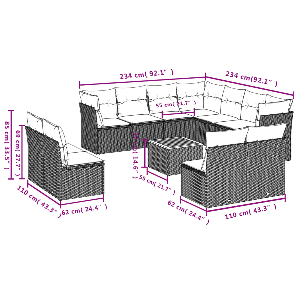 vidaXL 12 pcs conjunto de sofás p/ jardim com almofadões vime PE bege