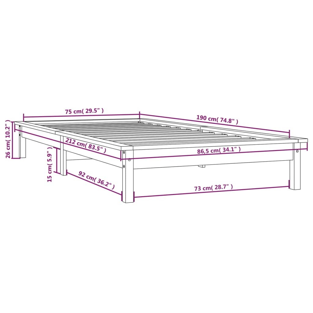 vidaXL Estrutura cama pequena solteiro 75x190 cm pinho castanho mel