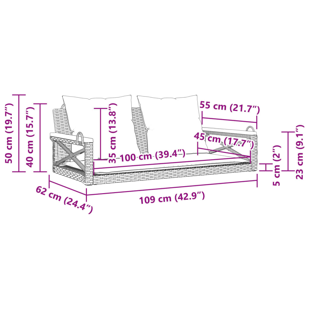 vidaXL Banco baloiço com almofadões 109x62x40 cm vime PE bege