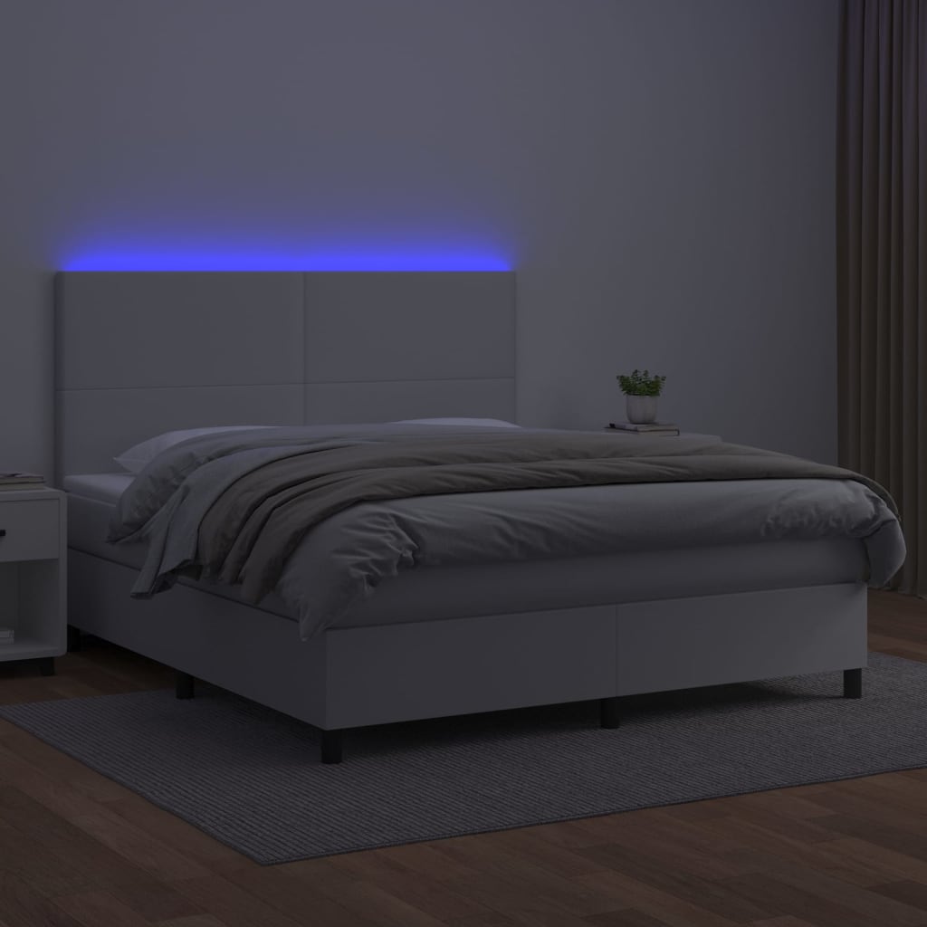 vidaXL Cama box spring c/colchão/LED 180x200cm couro artificial branco