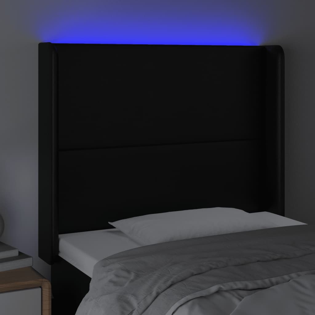 vidaXL Cabeceira de cama c/ LED couro artificial 83x16x118/128cm preto