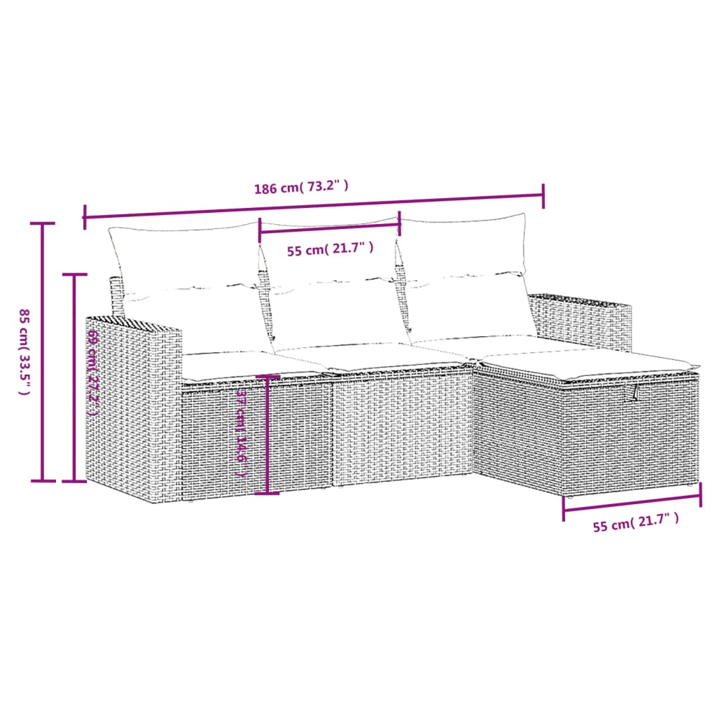 vidaXL 4 pcs conjunto sofás de jardim c/ almofadões vime PE cinzento