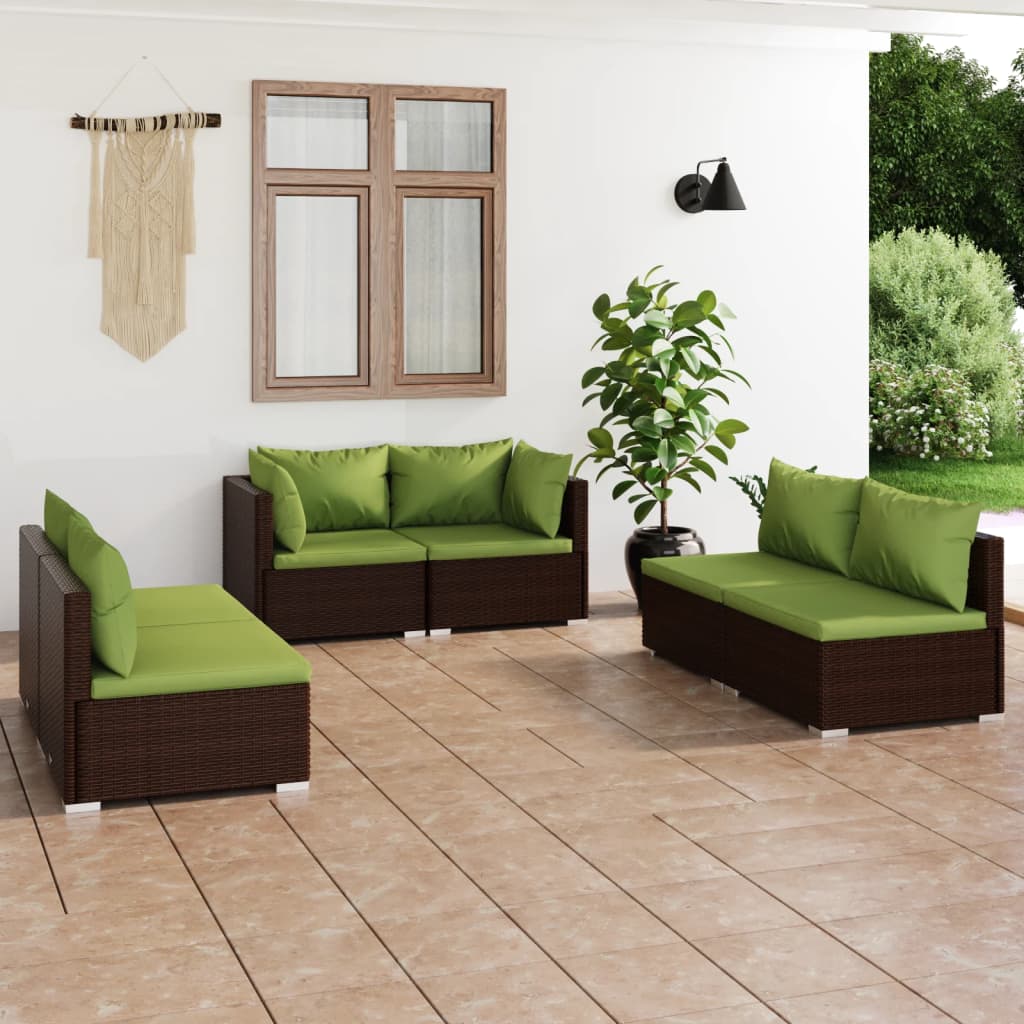 vidaXL 6 pcs conjunto lounge de jardim c/ almofadões vime PE castanho