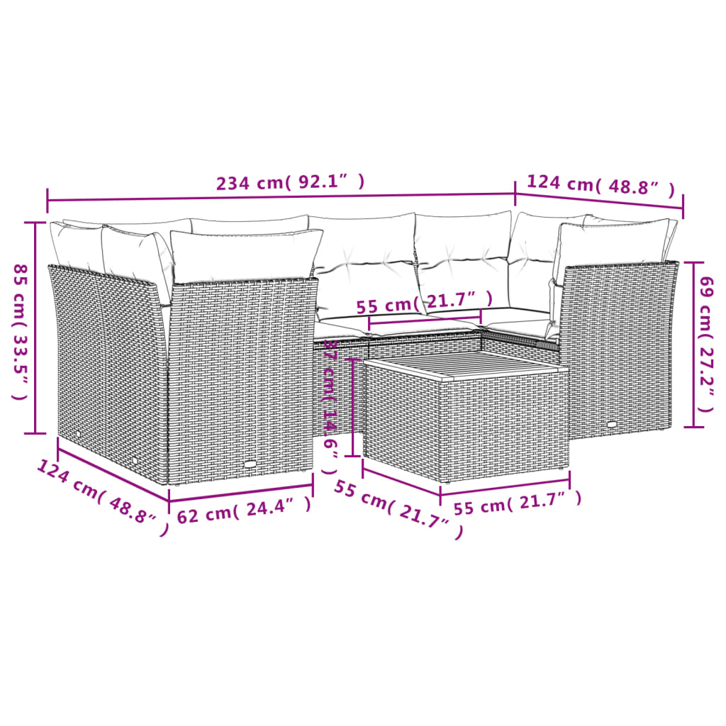 vidaXL 7 pcs conj. sofás jardim c/ almofadões vime PE bege misturado