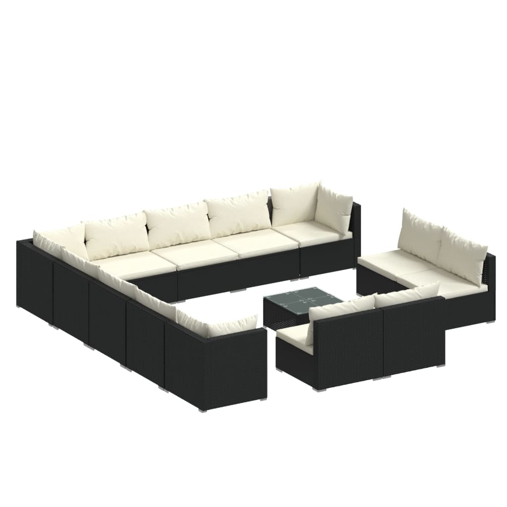 vidaXL 14 pcs conjunto lounge de jardim c/ almofadões vime PE preto