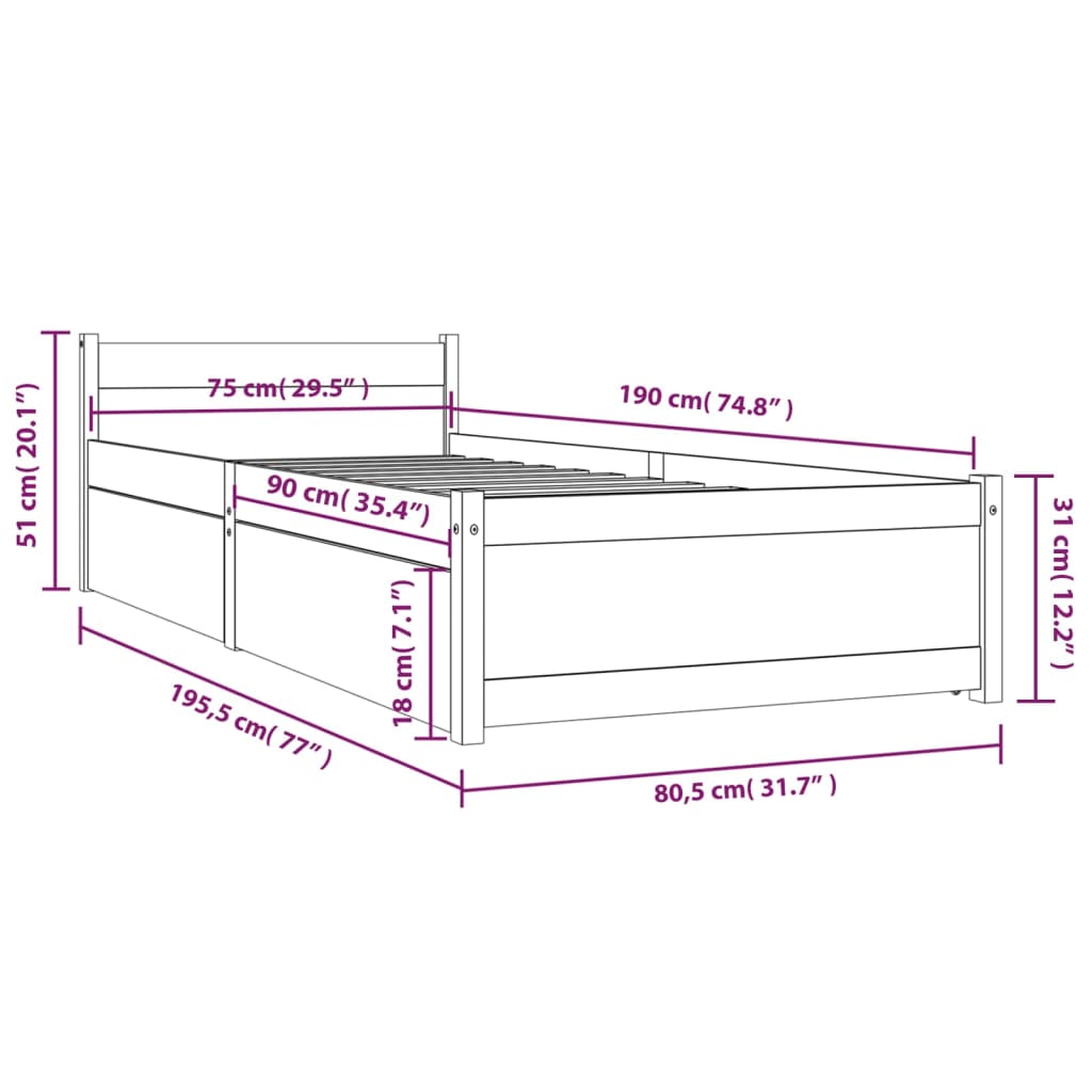 vidaXL Estrutura cama de solteiro pequena c/ gavetas 75x190 cm branco