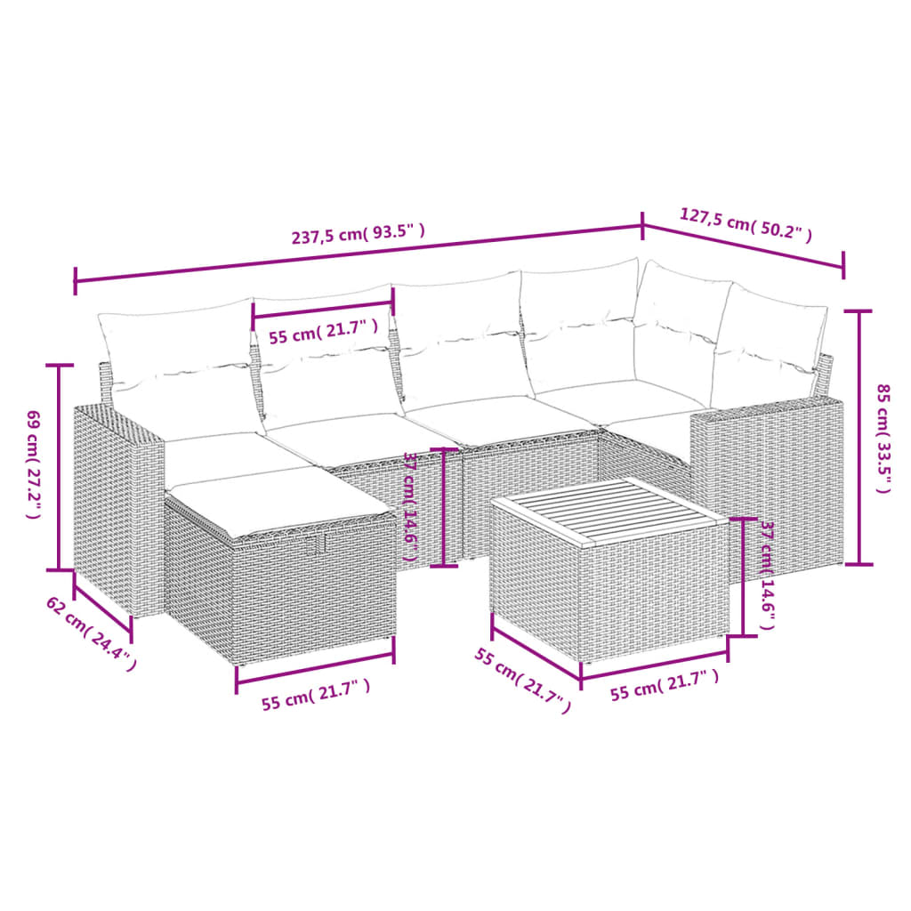 vidaXL 7 pcs conj. sofás jardim c/ almofadões vime PE bege misturado