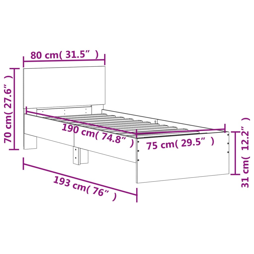 vidaXL Estrutura cama cabeceira/luzes LED 75x190 cm carvalho castanho