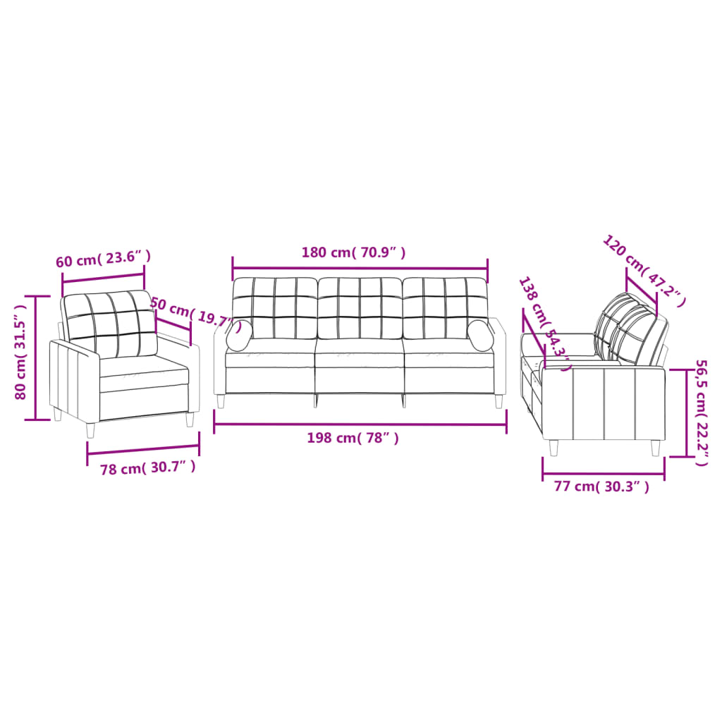 vidaXL 3 pcs conjunto de sofás com almofadas tecido preto