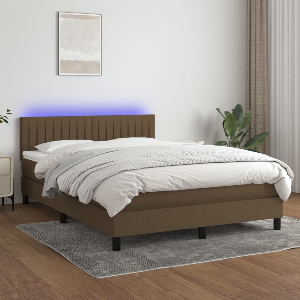 vidaXL Cama box spring c/ colchão/LED 140x190cm tecido castanho-escuro