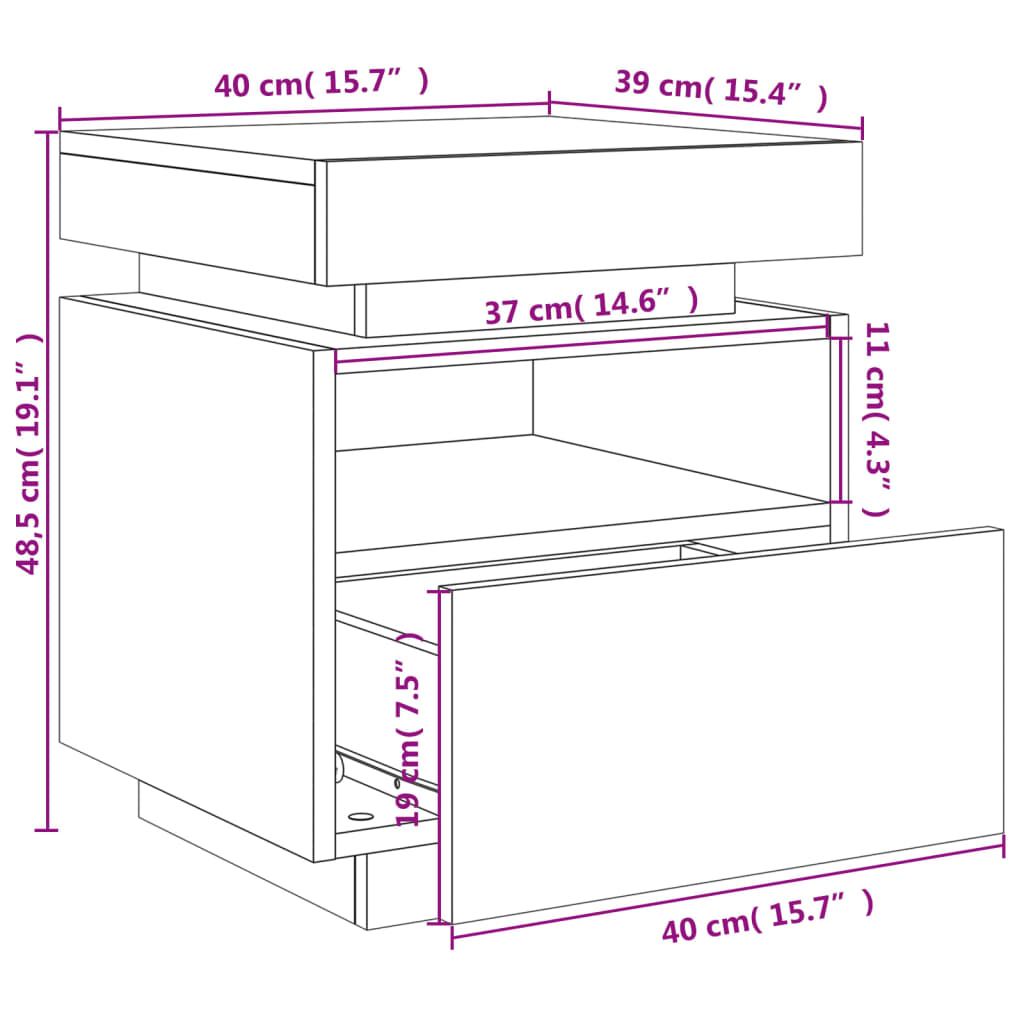 vidaXL Mesa de cabeceira c/ LEDs 40x39x48,5 cm carvalho fumado