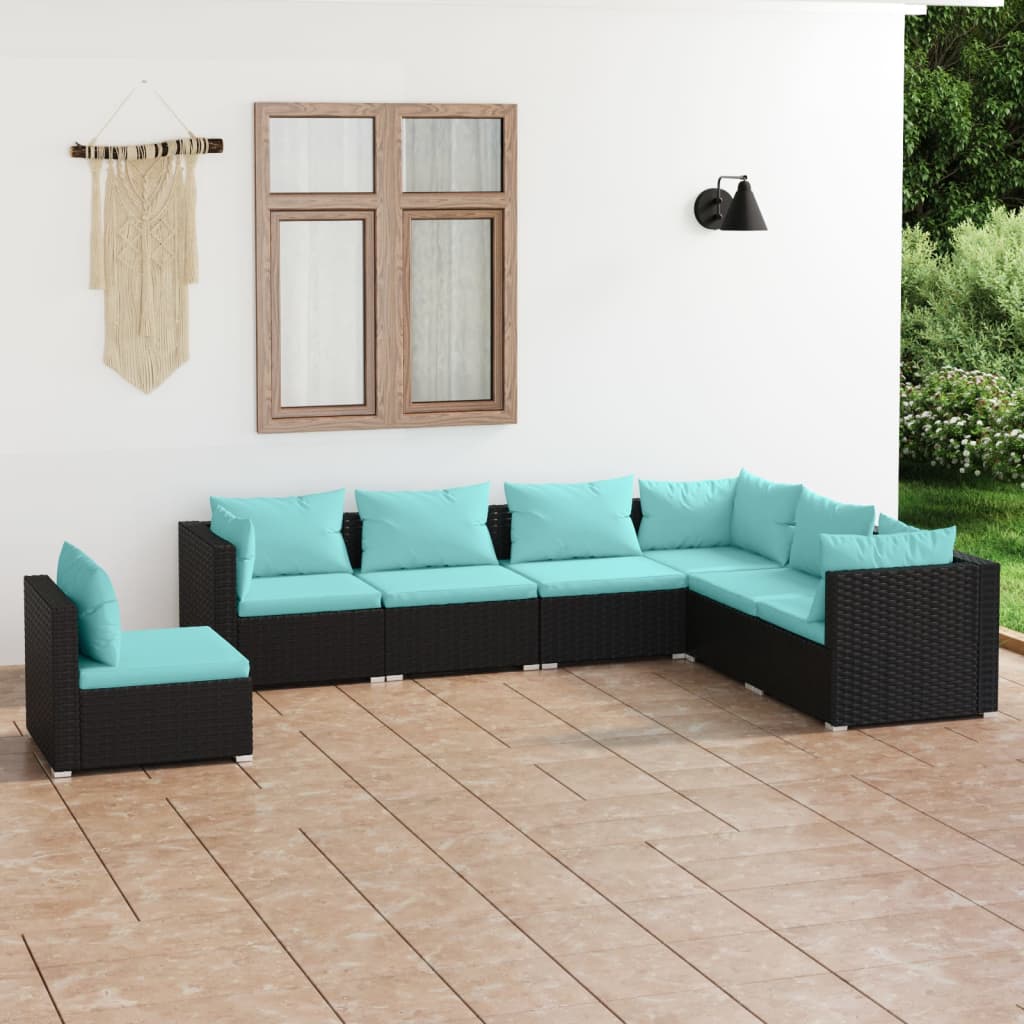 vidaXL 7 pcs conjunto lounge de jardim c/ almofadões vime PE preto