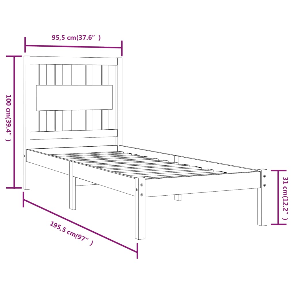 vidaXL Estrutura de cama solteiro 90x190 cm pinho maciço preto