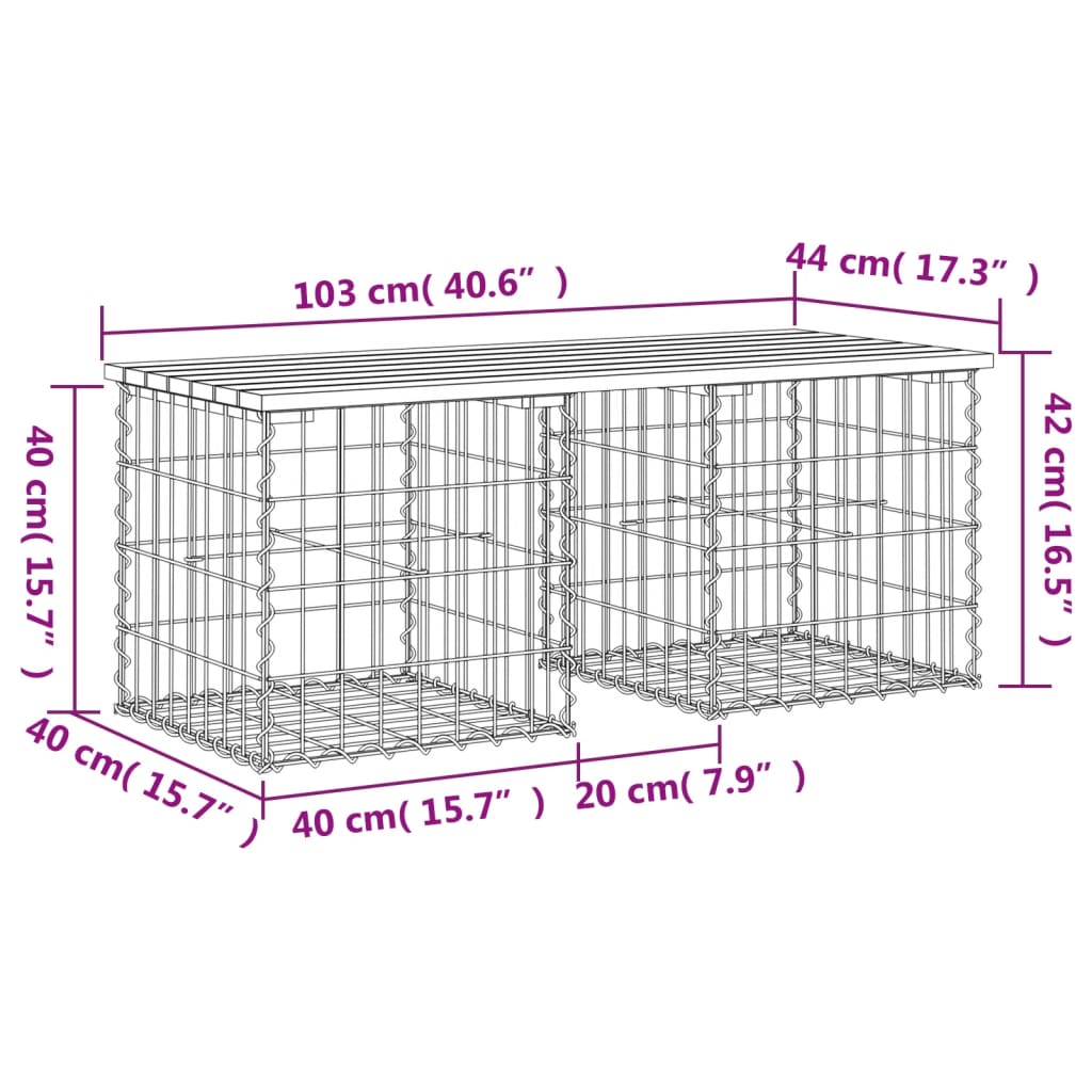 vidaXL Banco de jardim c/ design gabião 103x44x42 cm pinho maciço