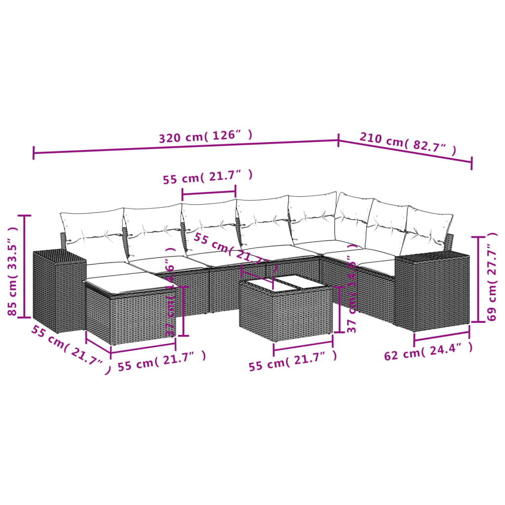 vidaXL 9 pcs conjunto de sofás p/ jardim c/ almofadões vime PE preto